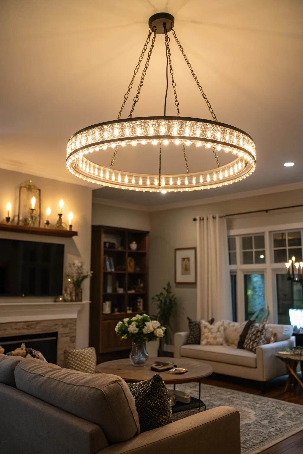 Halo chandeliers bring a magical, celestial touch to your living room.
