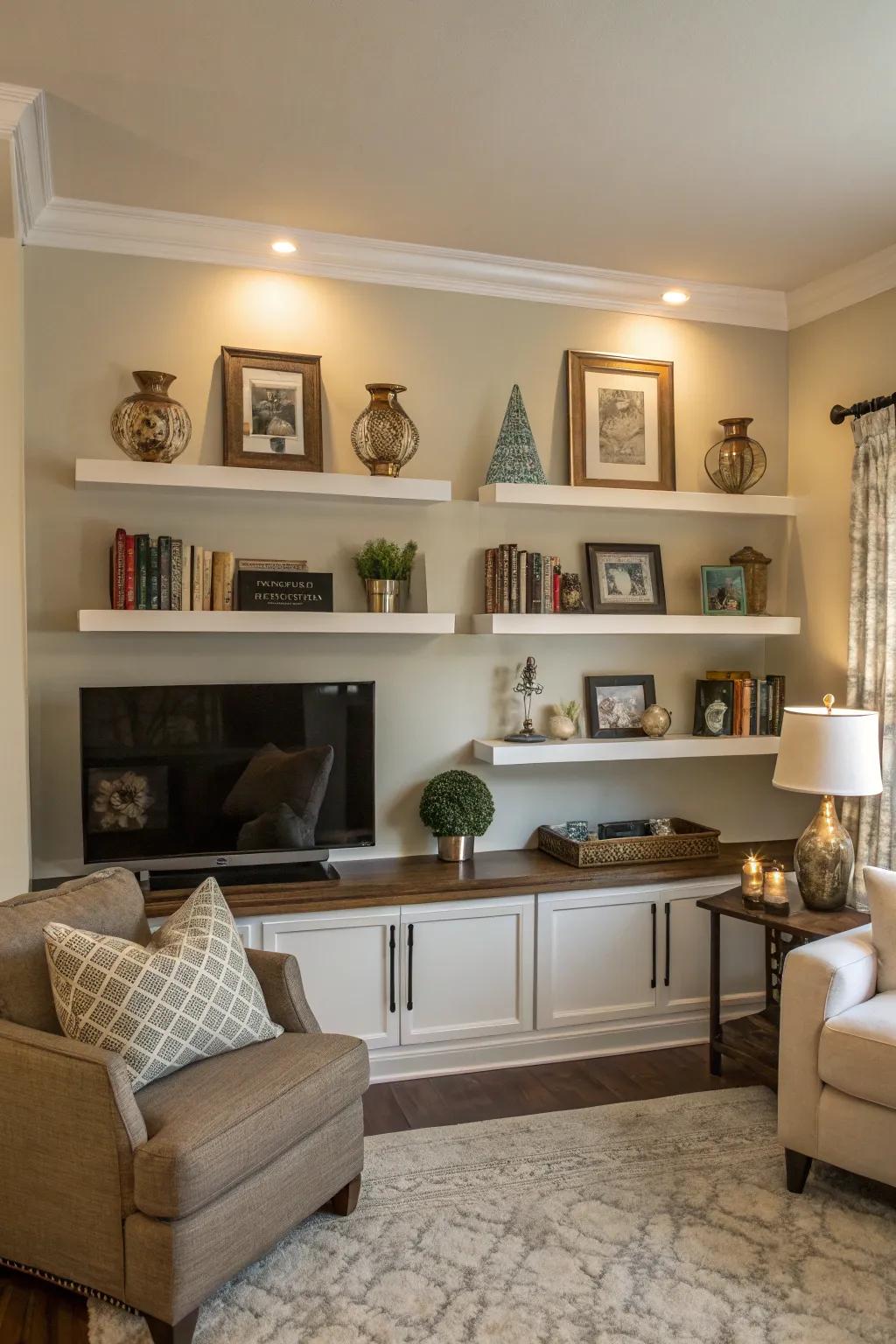 Achieve visual balance with a symmetrical shelf arrangement.