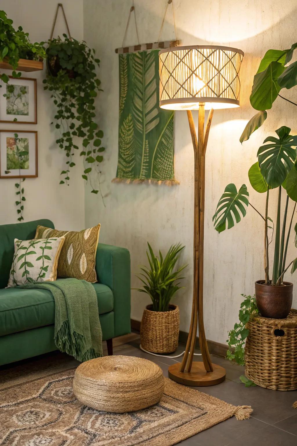 An eco-friendly living room with a sustainable floor lamp.