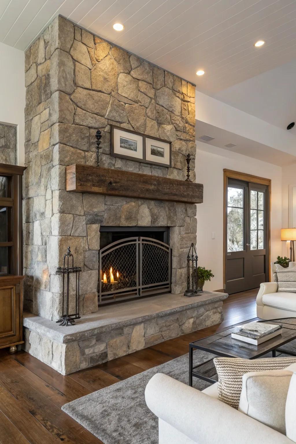 A stone fireplace gains a modern edge from metal accents.
