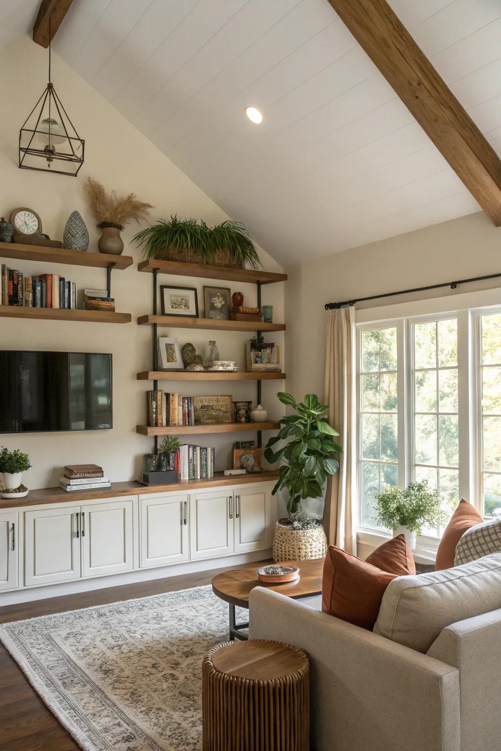 Floating shelves add style and functionality to a wall in a vaulted ceiling room.