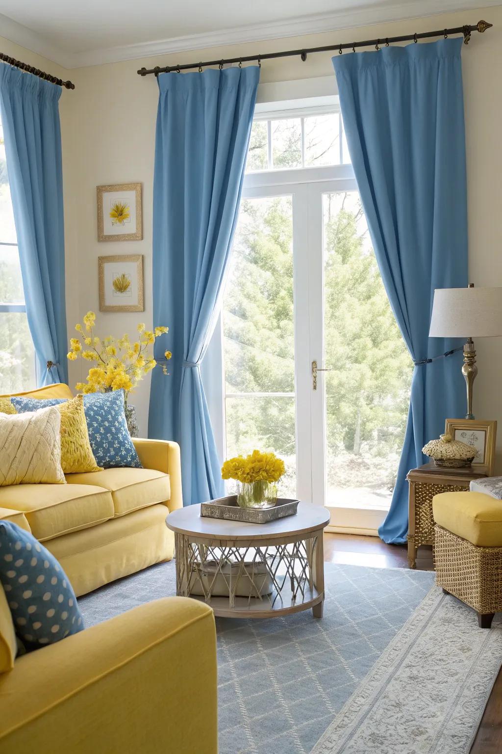 Sunshine highlights add a cheerful contrast to sky-hue drapes, crafting an energetic and sunny living space.