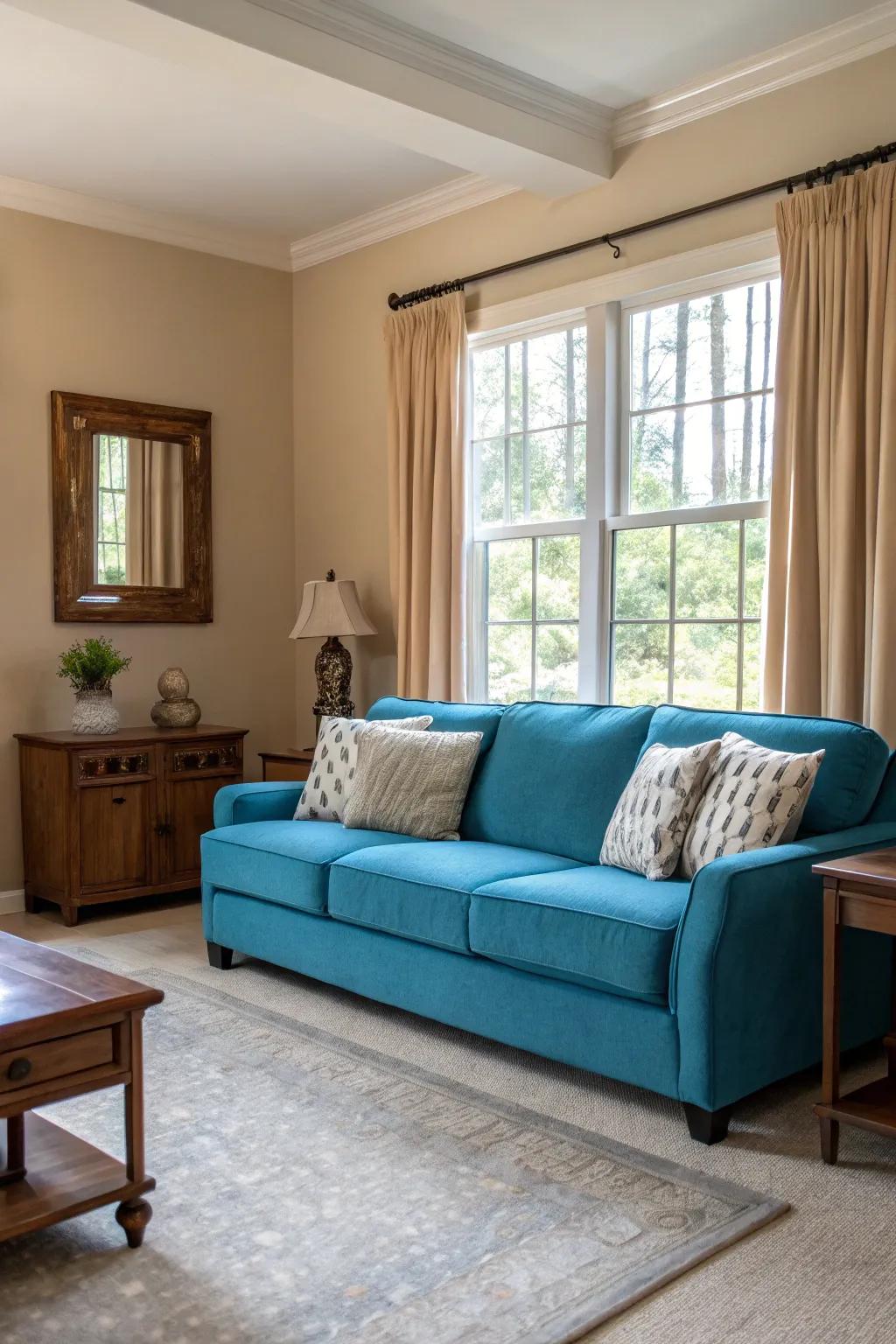 A brightly colored couch can become a stunning centerpiece in a simple living room.