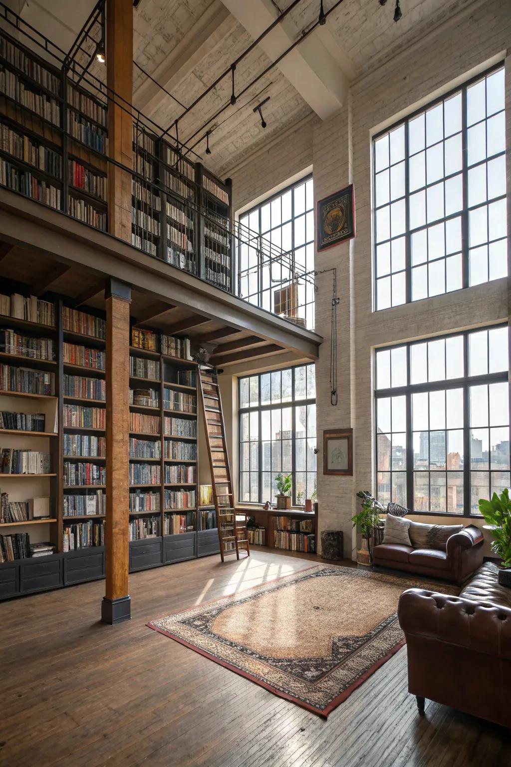 Maximize vertical space using towering bookshelves.
