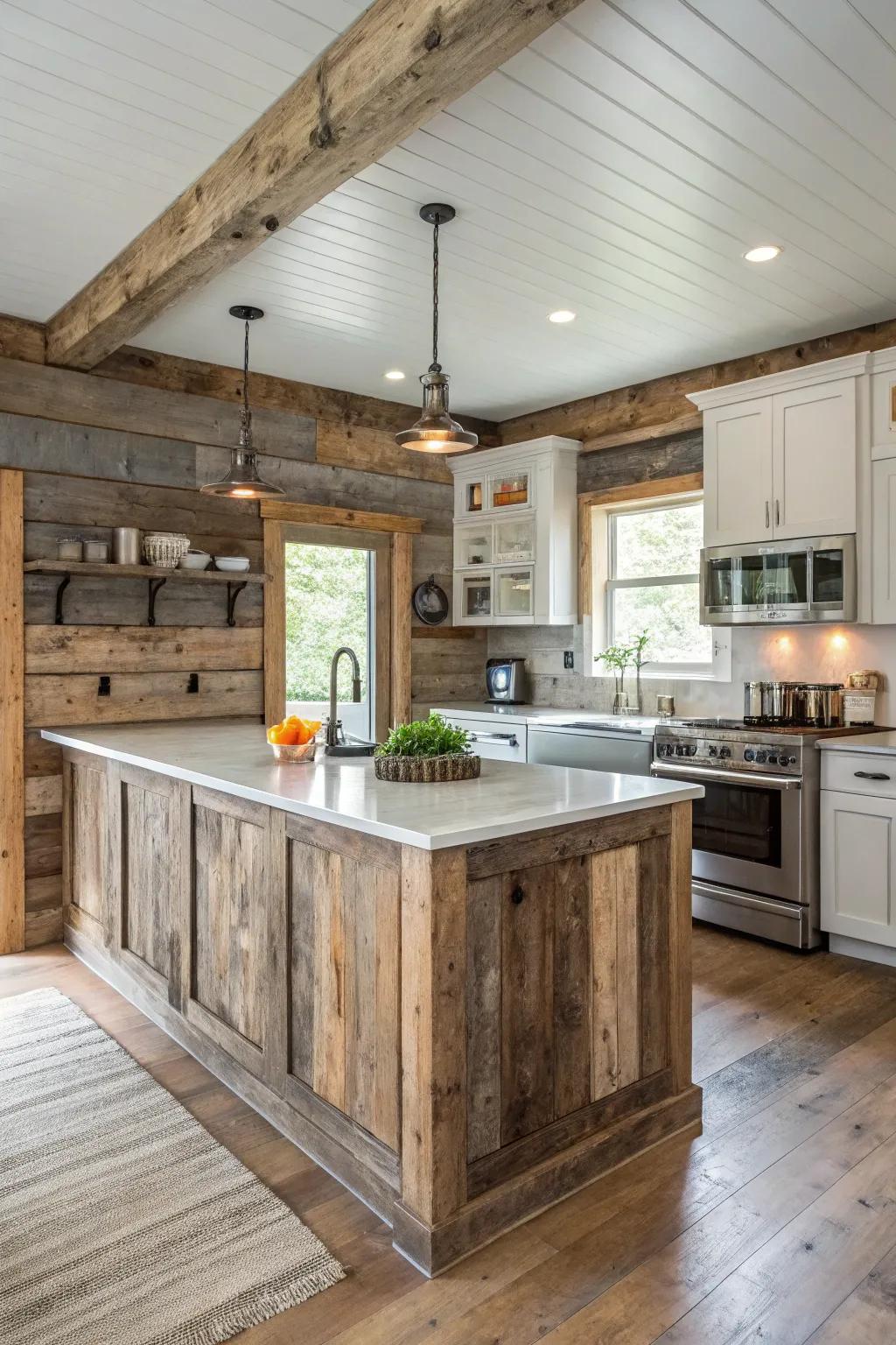 Reclaimed wood adds a historical feel to this kitchen setting, making it special.