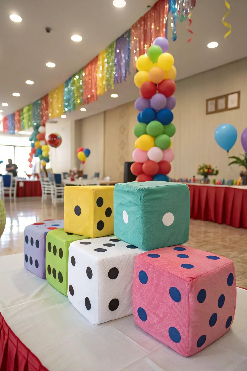 Oversized dice serving as both decoration and amusement.