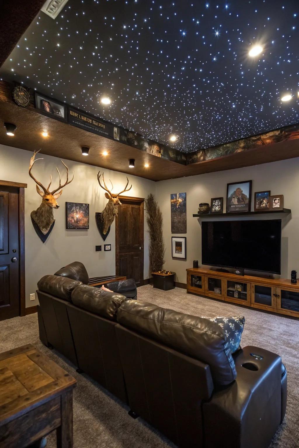 An inventive ceiling design replicating a star-lit night in a man cave.