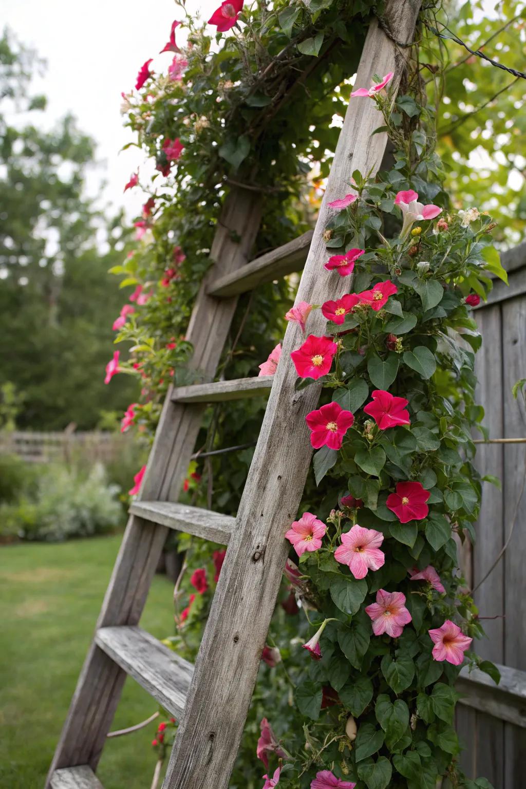 A reappropriated stairway serves as a countryside trellis designed for blossoming mandevilla.