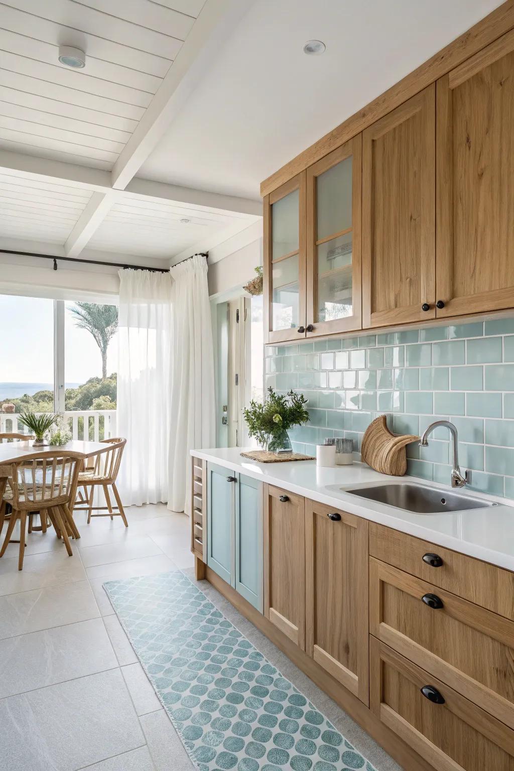 A coastal-inspired kitchen with walnut cabinets creating a refreshing atmosphere.