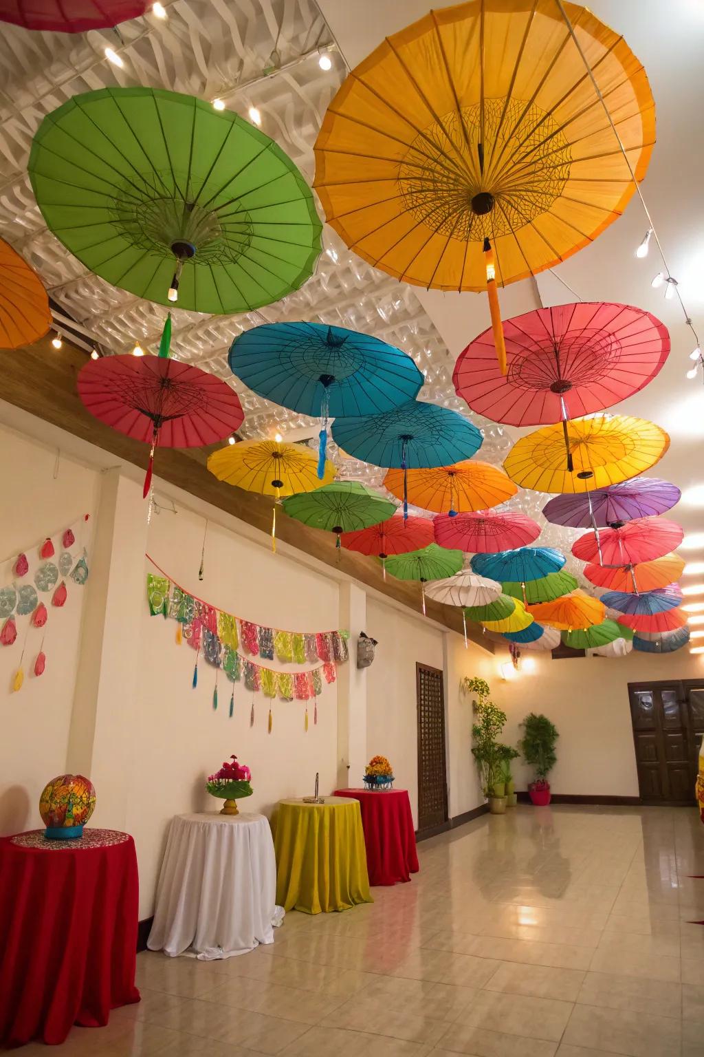 Shade canopies offer a whimsical homage to traditional Mardi Gras parades.