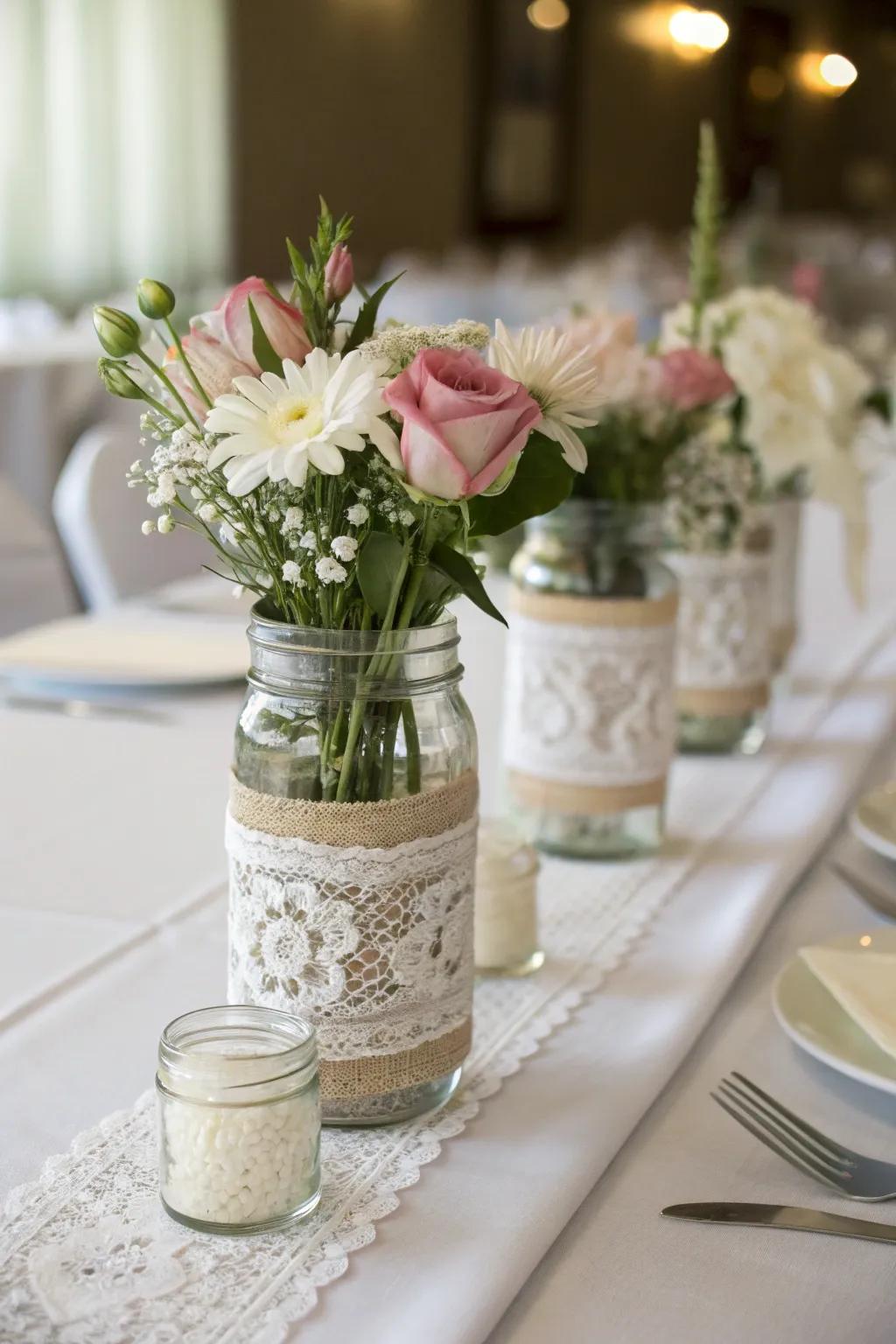 Heritage containers wrapped in net for an elegant centerpiece.