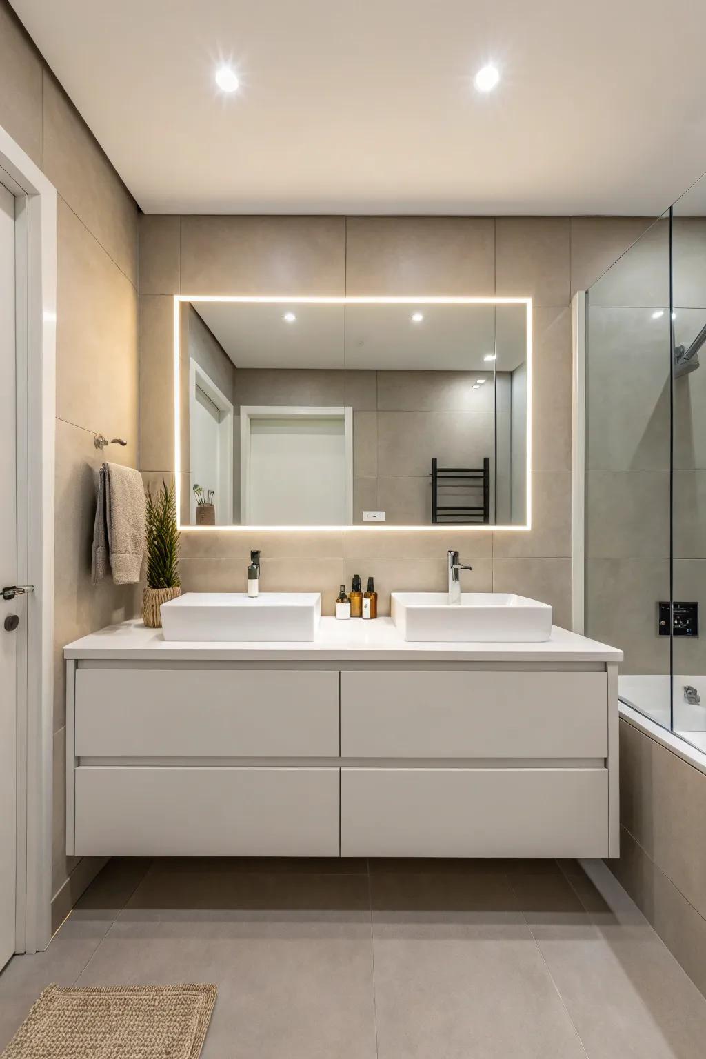A minimalist bathroom featuring clean lines and an understated vanity design.