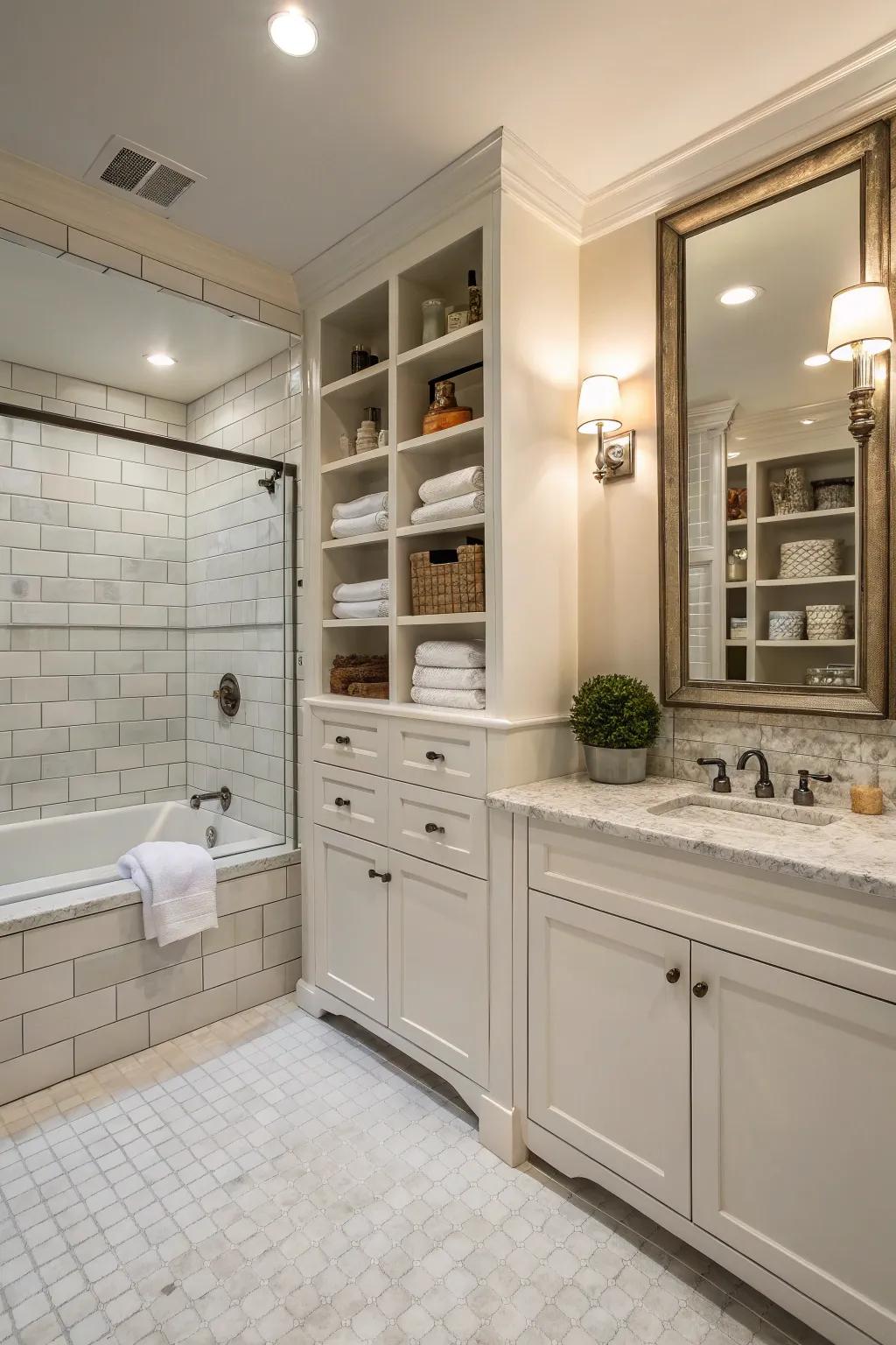 Integrated stowage preserves this primary bathroom trim plus methodical without forfeiting design.