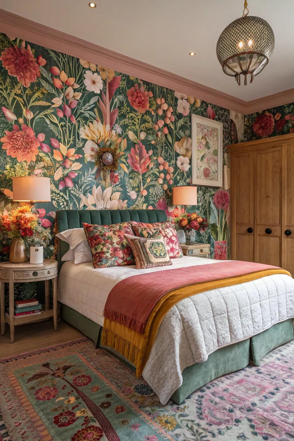 Floral wall covering adds a hint of nature to this bedroom.