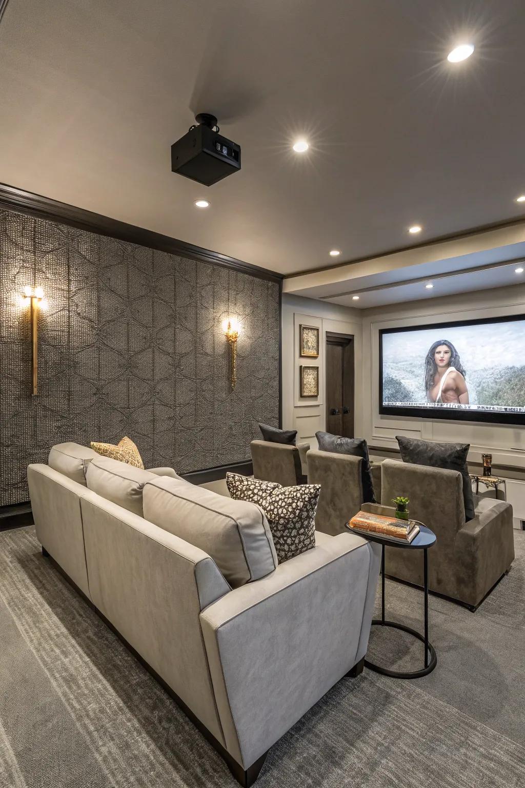 A media room styled with structured gray walls, successfully merging both style and functionality.