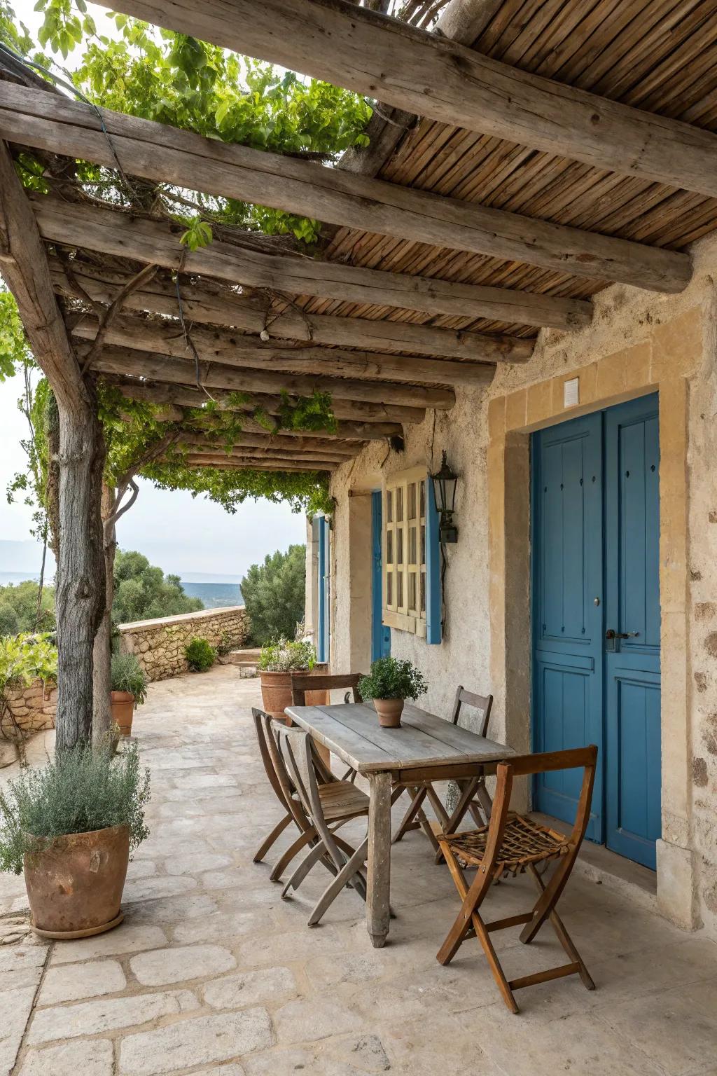 Country wood elements highlighting the Mediterranean allure.