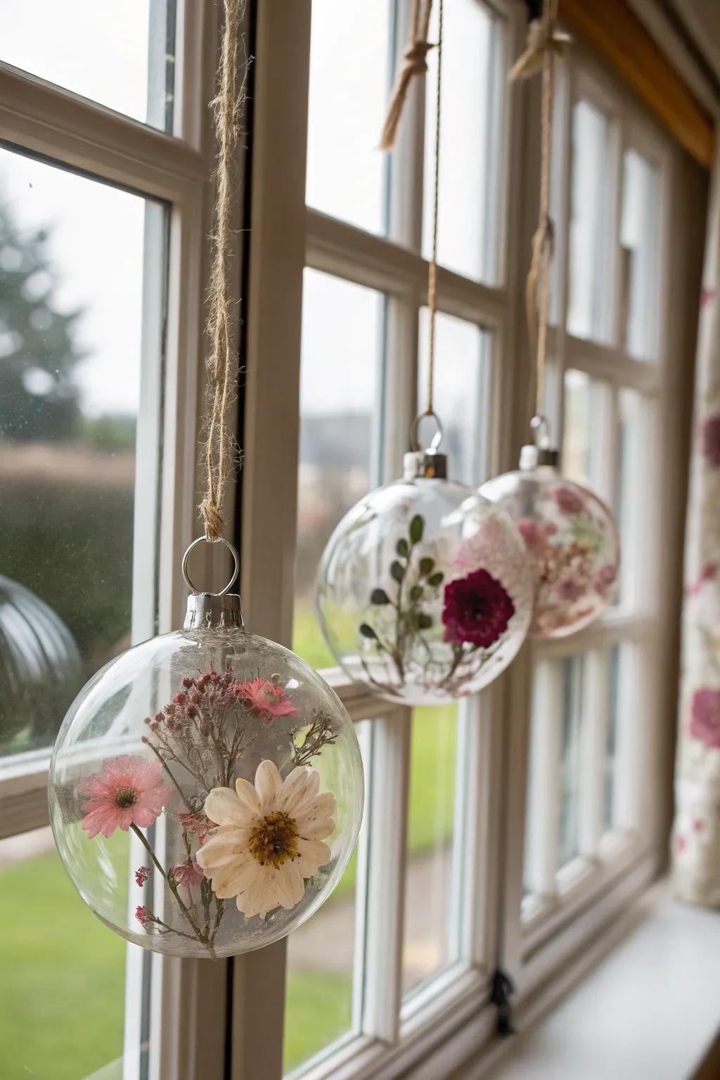 Resin baubles provide a distinct way to appreciate preserved blooms.