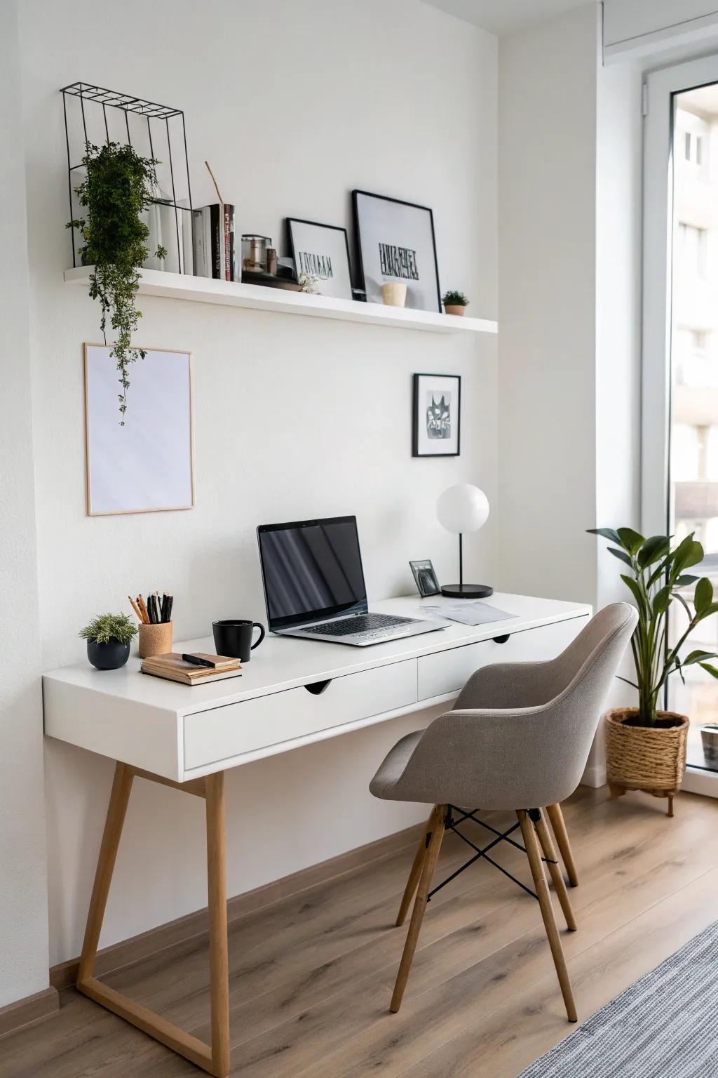This office showcases a clean and sophisticated workspace thanks to a hanging work surface.
