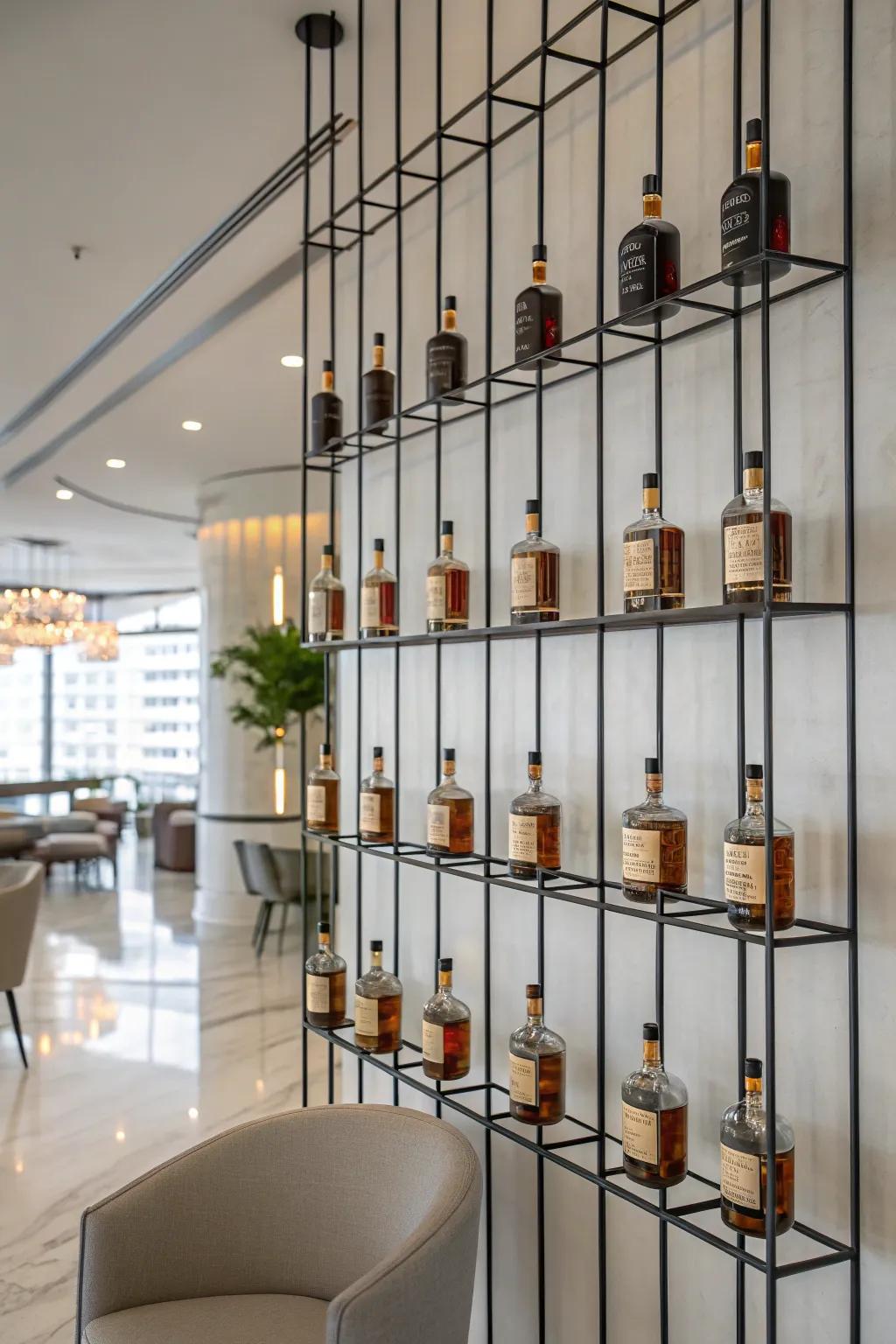 A suspended wall lattice affording a modern presentation for mini liquor bottles.