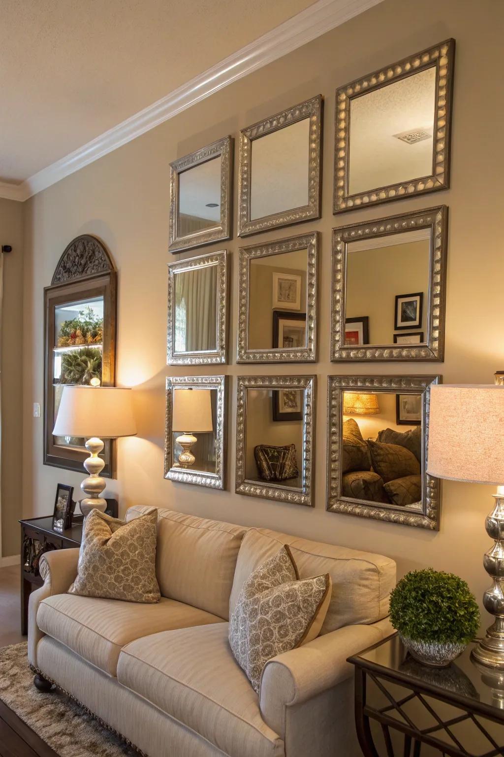 Layered mirrors create a sophisticated, dynamic focal point.