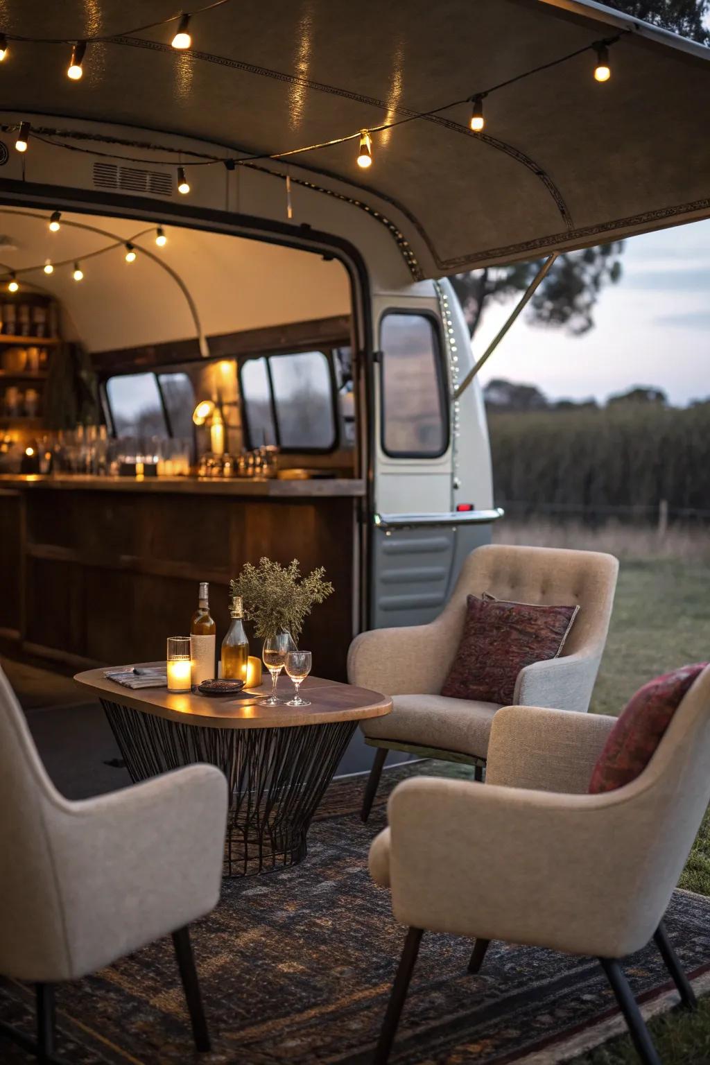 A cozy seating nook boosts the social atmosphere of this mobile bar.