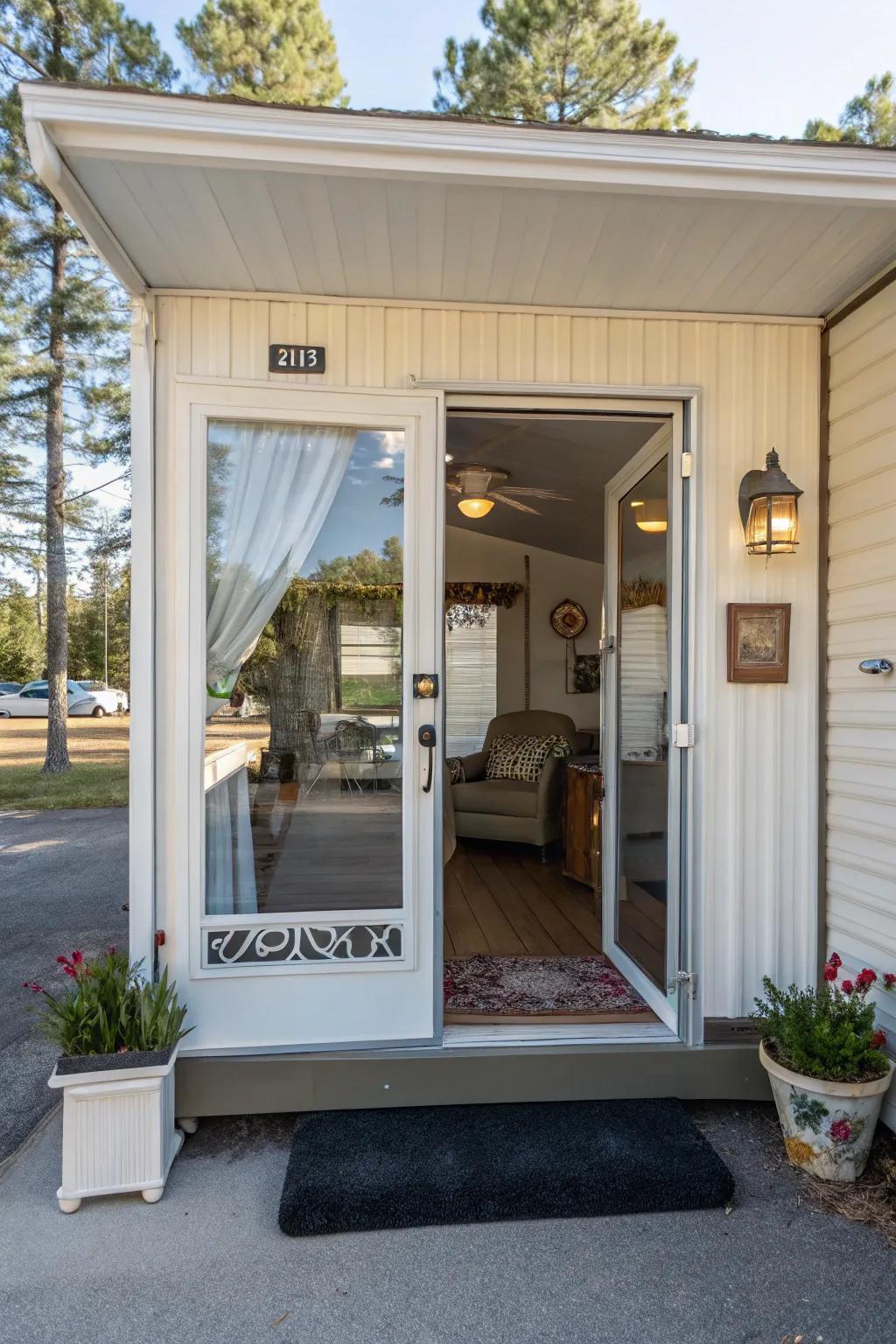 A stylish entryway with a glass feature welcoming guests.