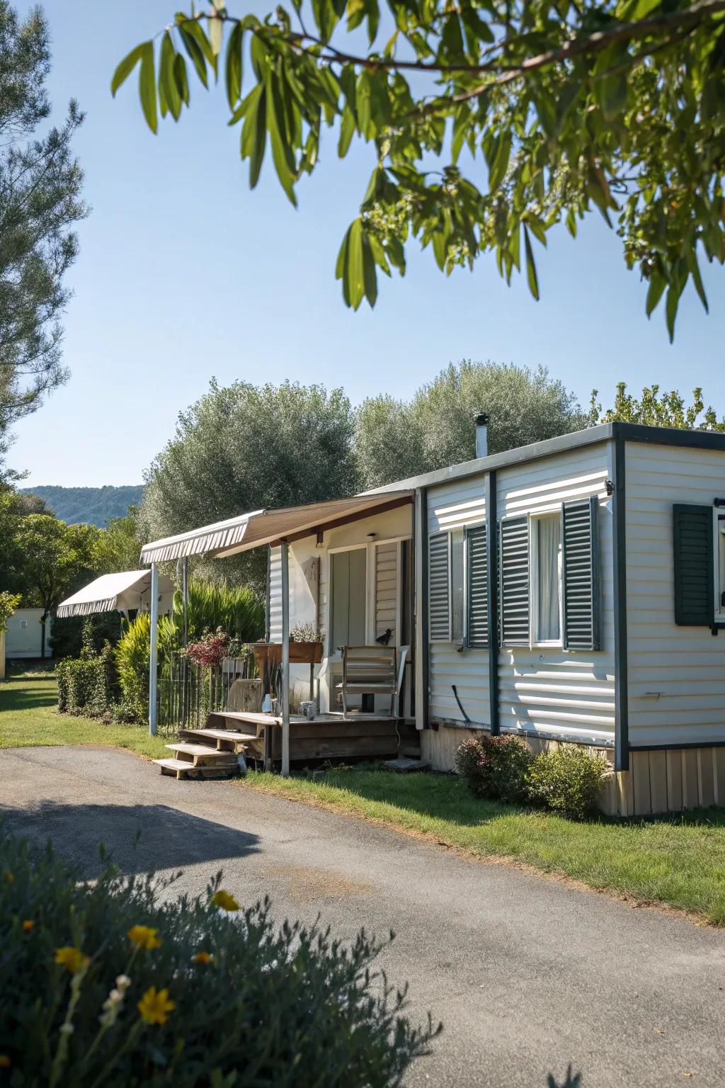 Oversized shutters establishing dramatic impact on a mobile home.