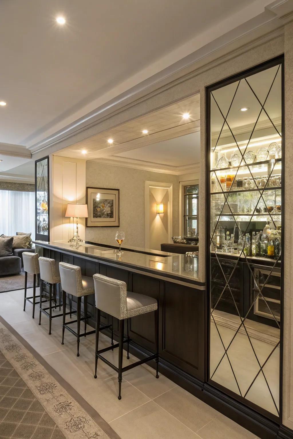 A mirror backsplash adds depth and light to this stylish bar.