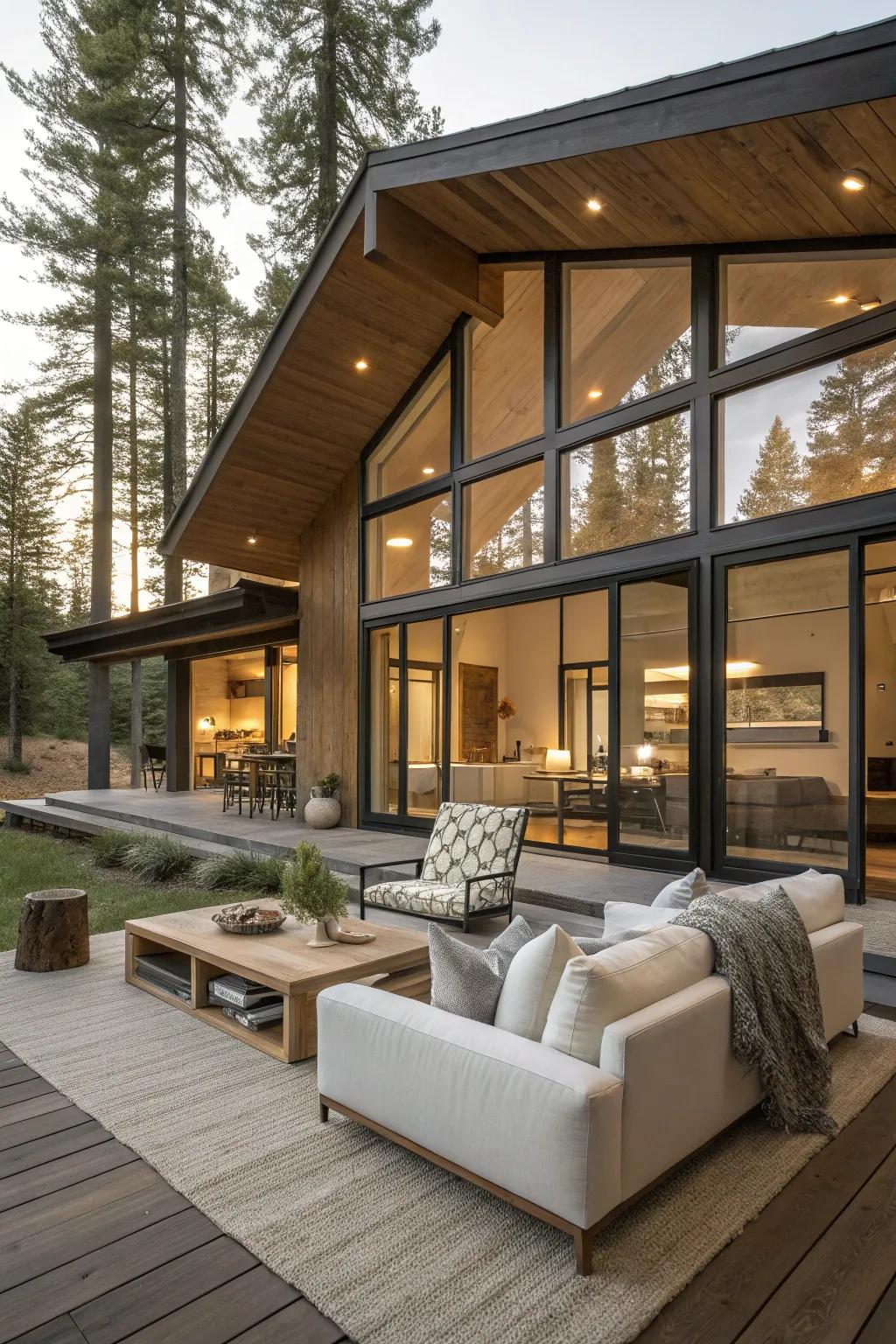 Open rooms make a modern cabin feel airy.