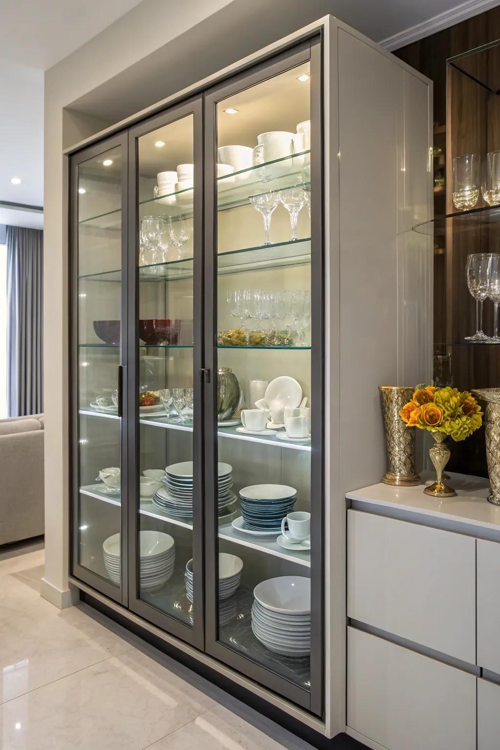 Streamlined and protective crystal panels on a china cabinet.