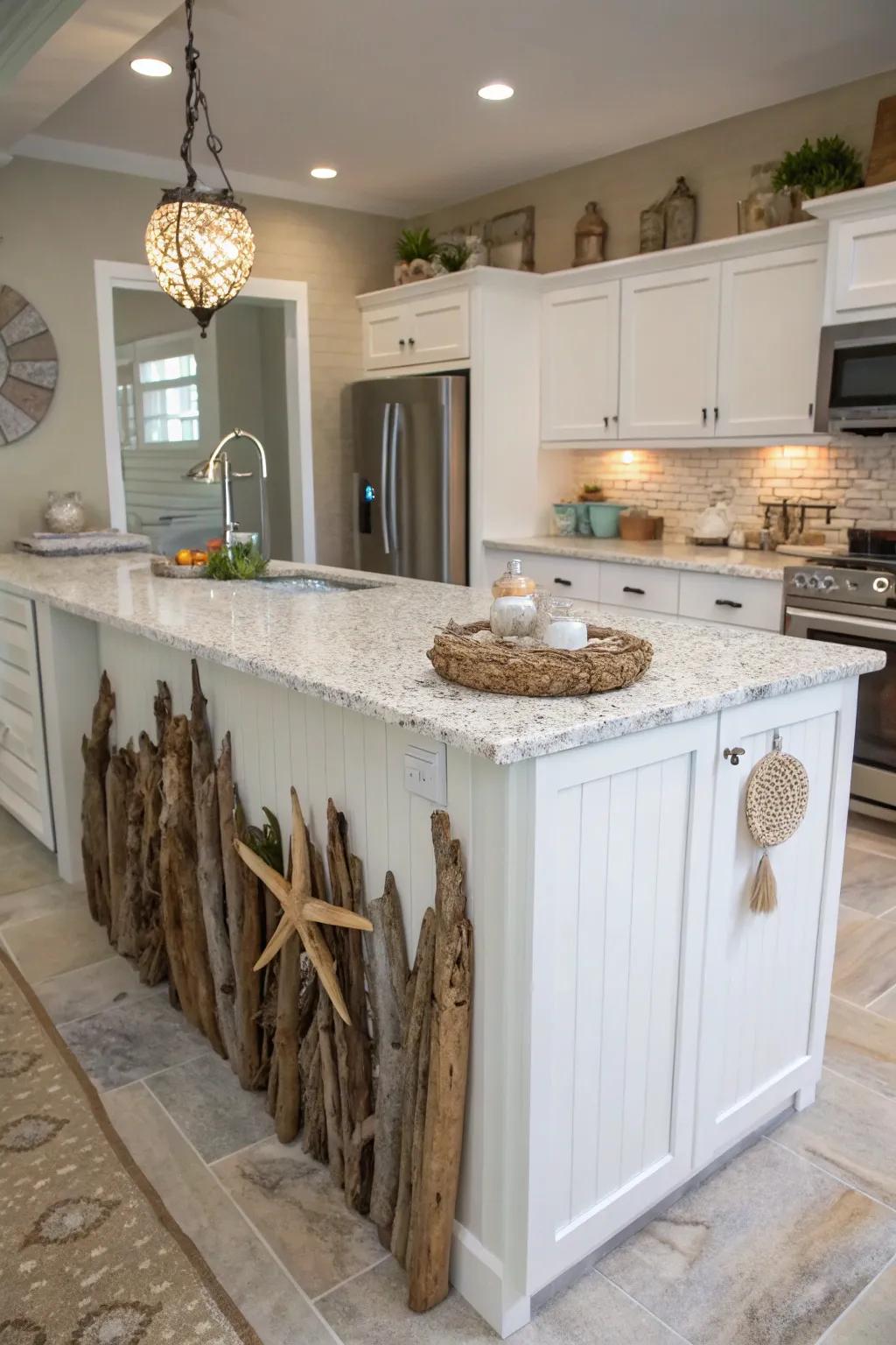 A driftwood-accented hub conveys the beach inside.