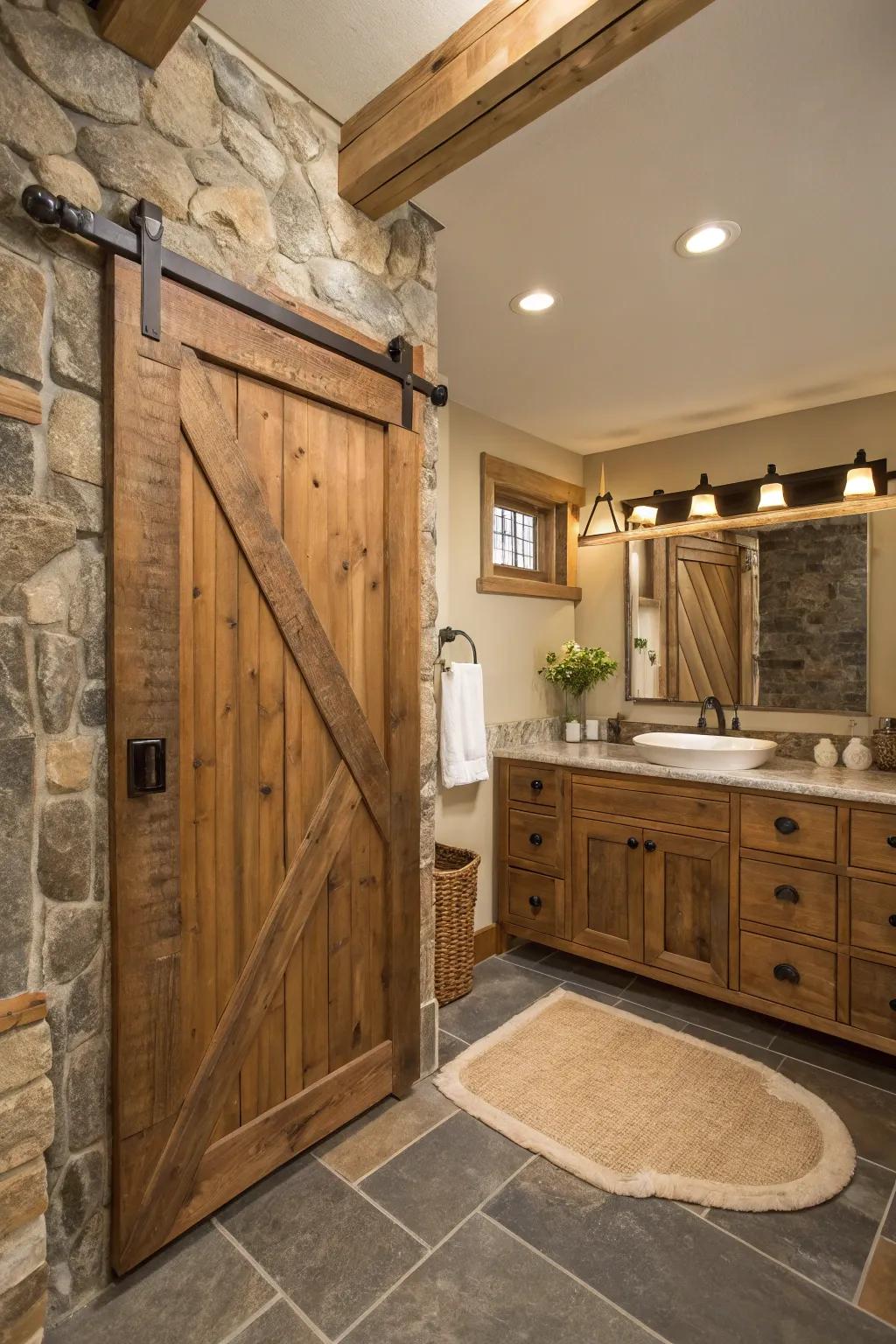 Rolling barn doors offer rustic charm and space-saving function.