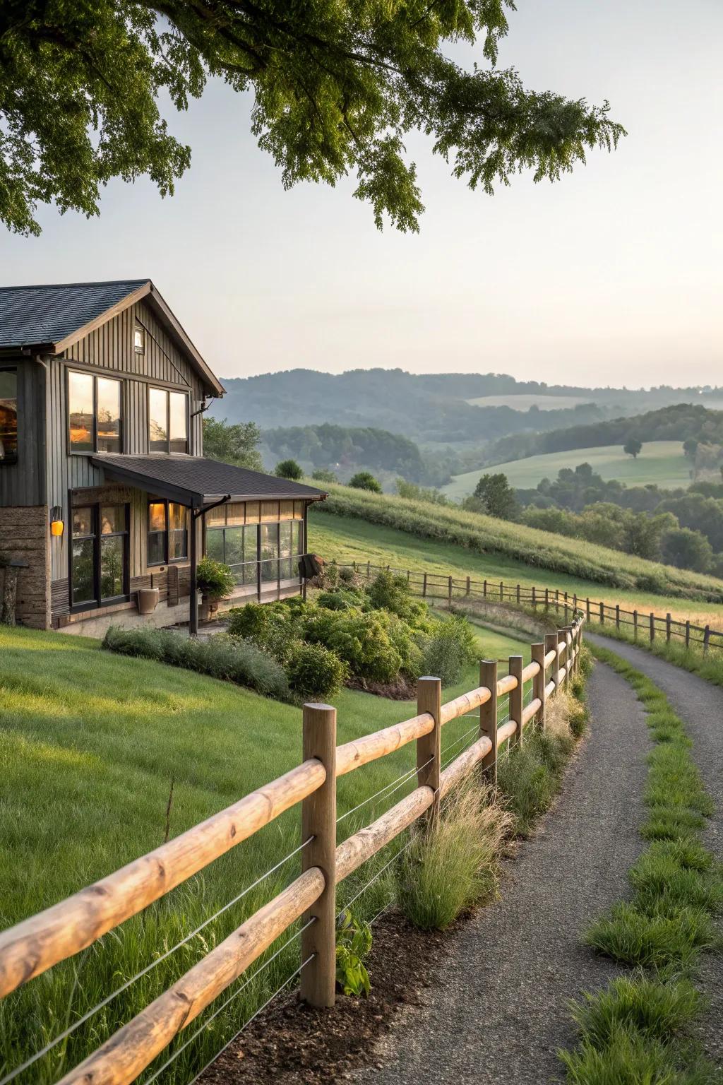 A country riven rail fence adds countryside charm to this modern farmhouse.