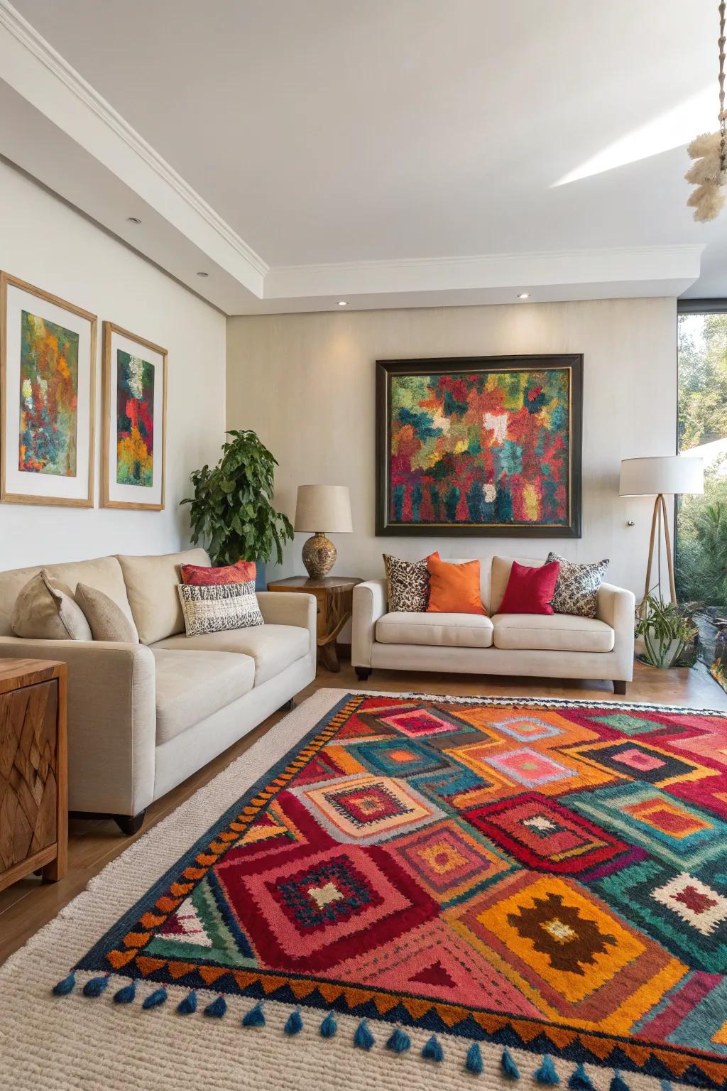 A burst of color brings energy and personality to the farmhouse living space.