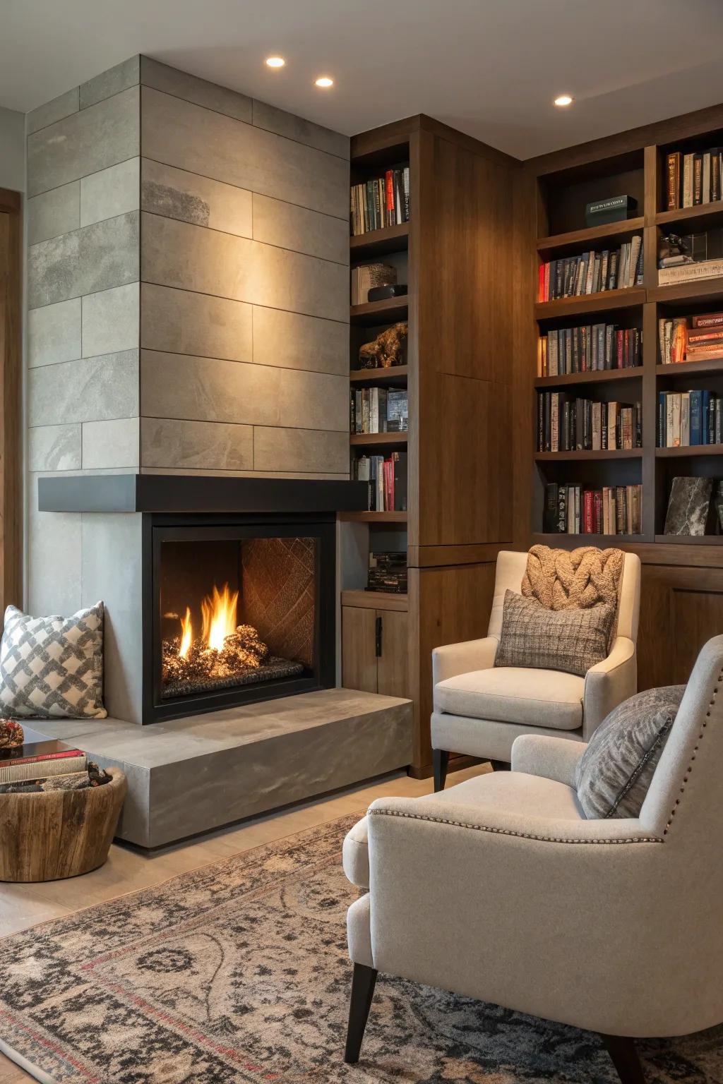 A corner fireplace turning an unused area into a cozy nook.