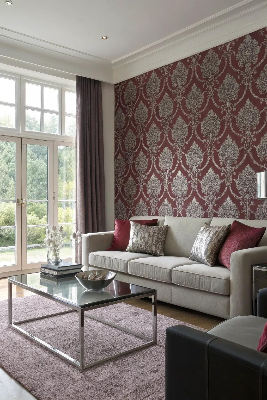 Lounge consisting of deep red and grey patterned wallpaper and contemporary furniture.