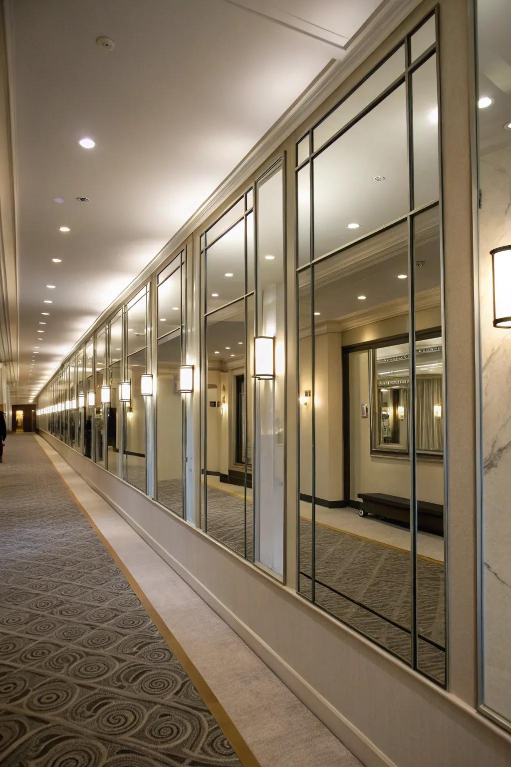 Mirrored panels affixed to a half wall amplify light and spaciousness.