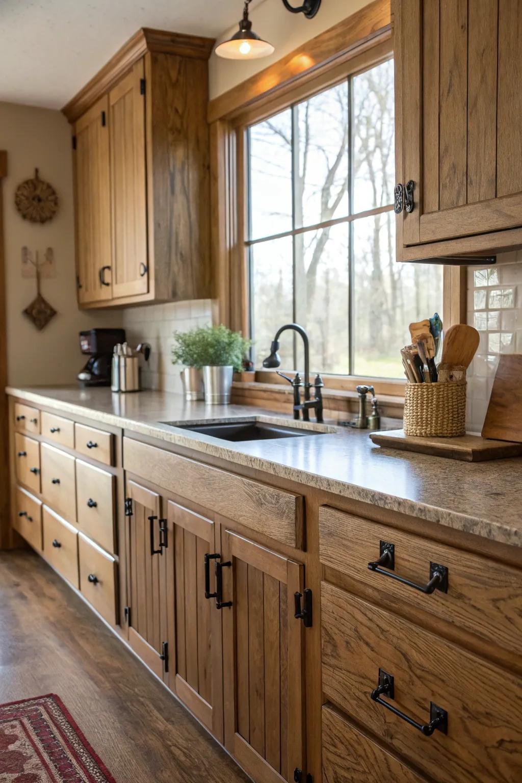 Classic accents add timeless charm to hickory cabinets.