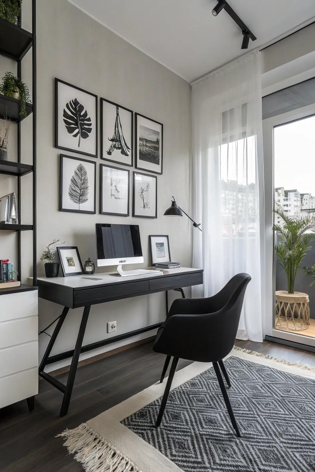 Monochromatic theme creating a polished office atmosphere.