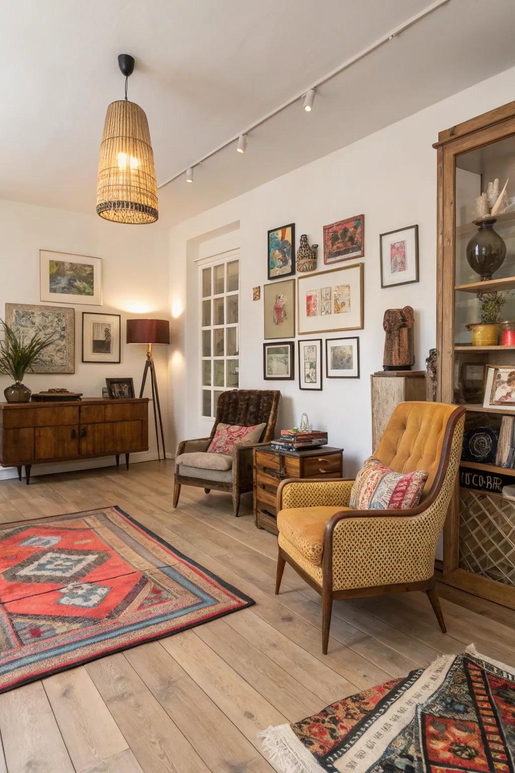 Unconventional decor discovers harmony with pale wood floors.