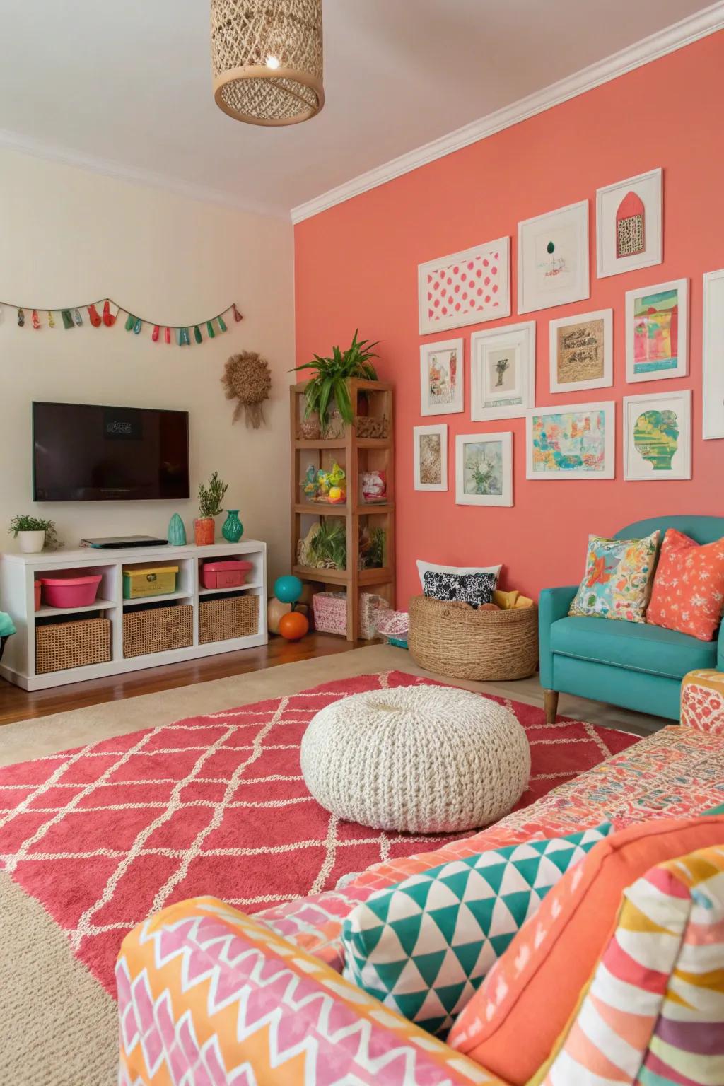 Coral walls bring energy and vibrancy to this lively living room.