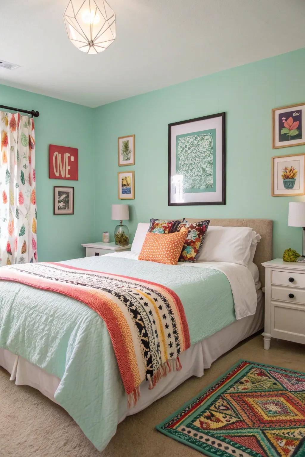 A playful burst of color enlivening a soft jade bedroom.