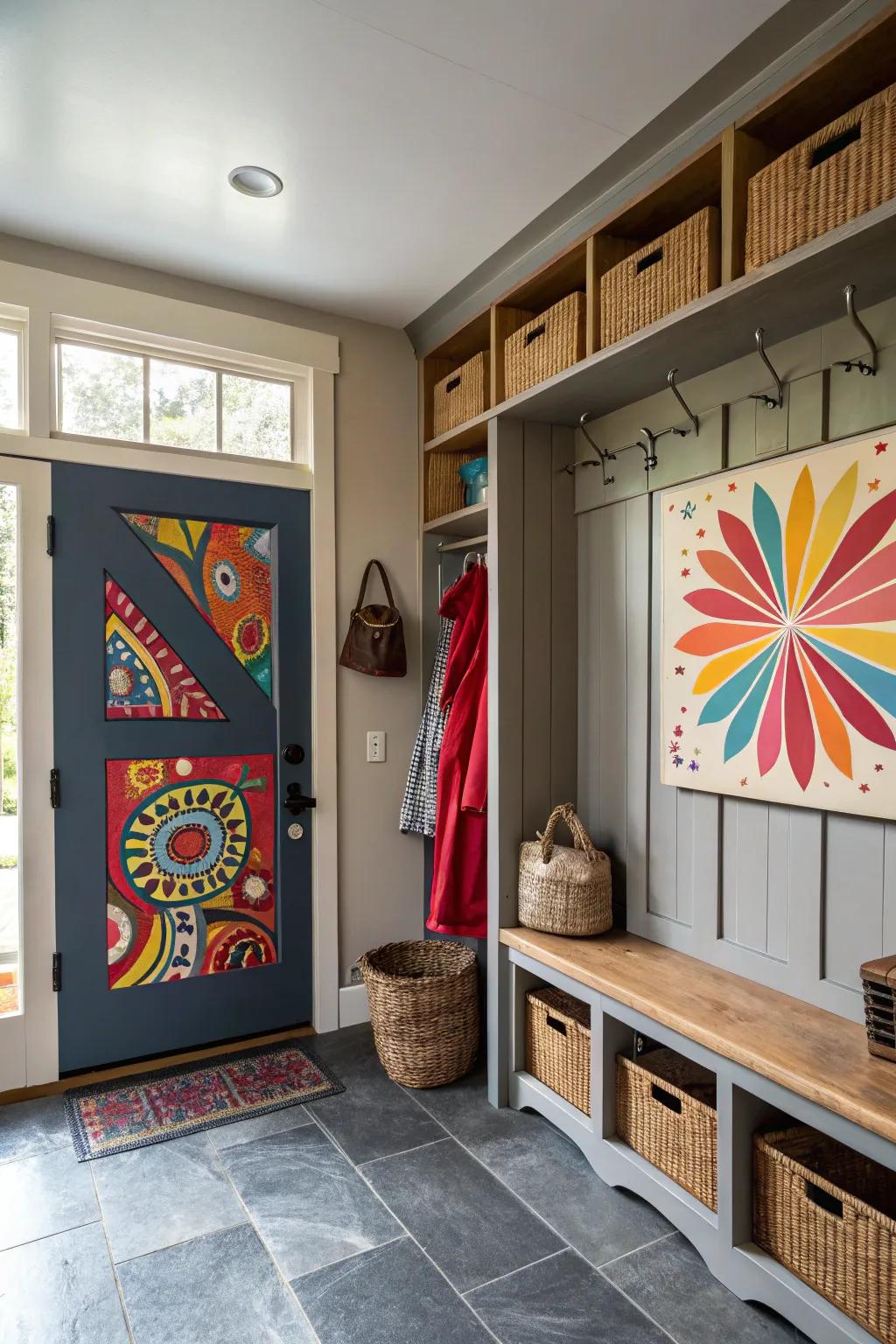 Flashes of color increase the energy across the modern mudroom.