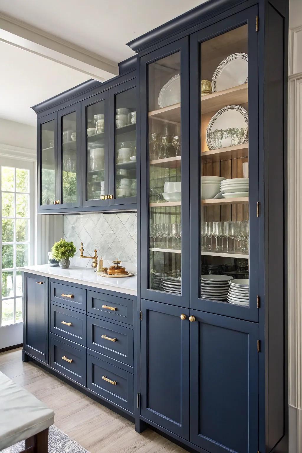 Pane entrances lighten the appearance of marine blue cabinetry, introducing transparency.