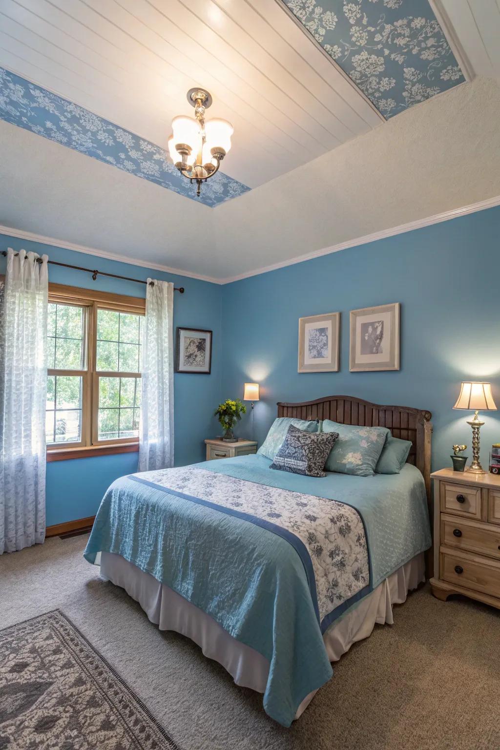 A light blue ceiling injects an unexpected twist and openness to the room.