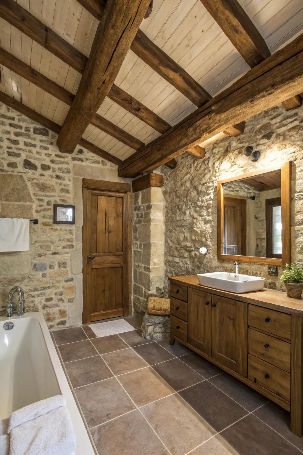 Exposed beams contribute to an inviting and rustic atmosphere.