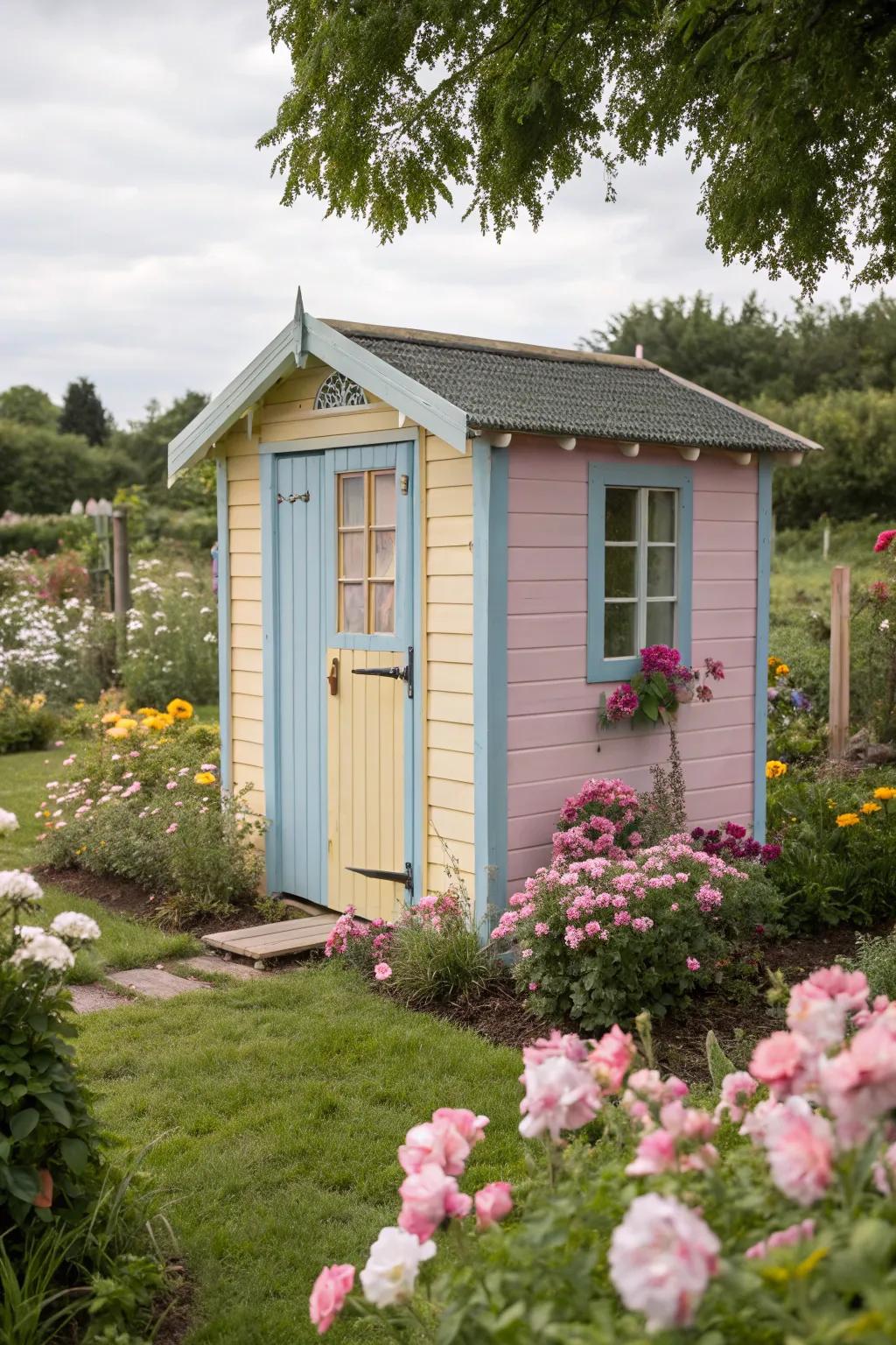 A pastel-colored shed, radiating fairy-tale charm.