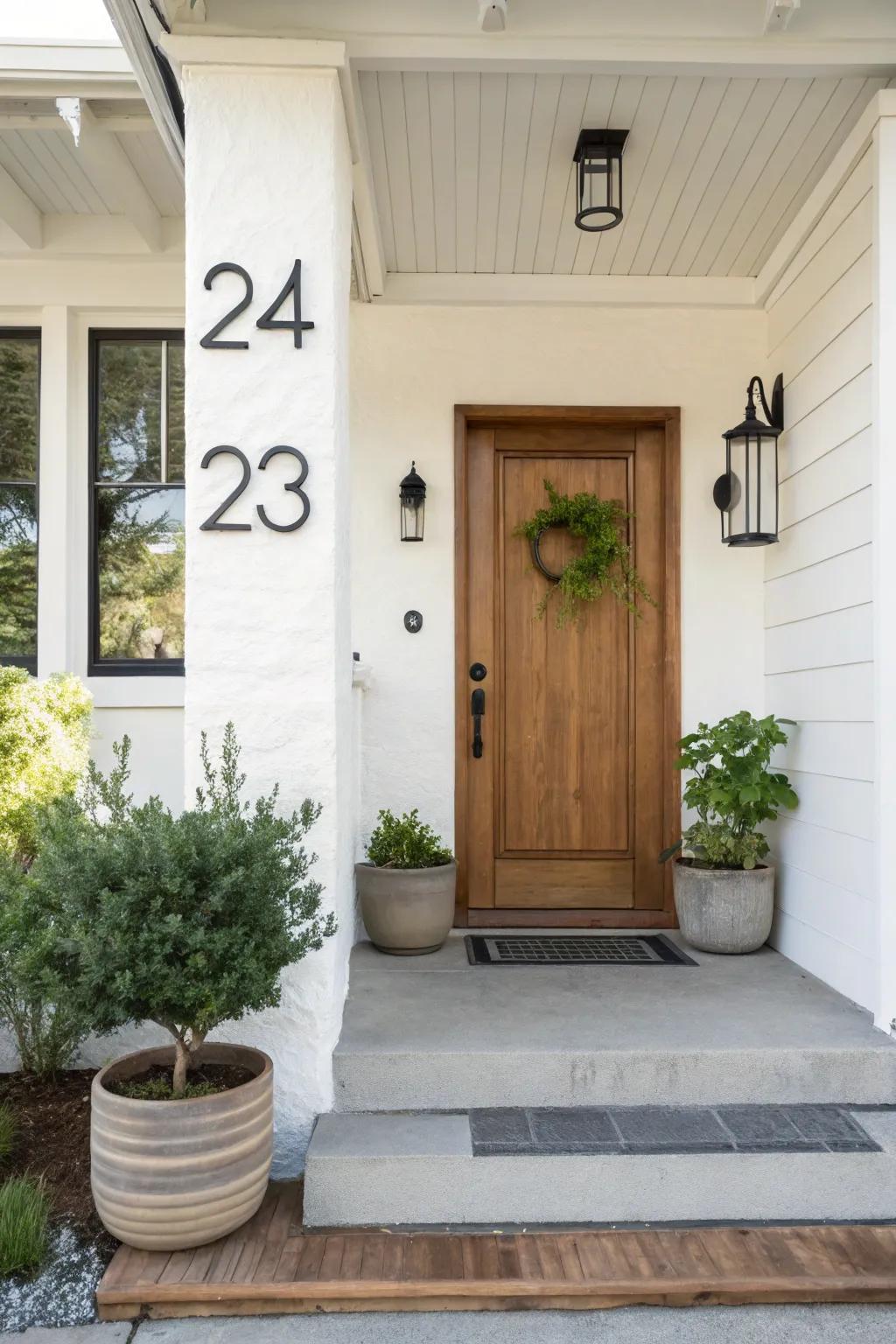 A small front porch featuring sleek, minimalist house numbers, adding a modern and understated touch.