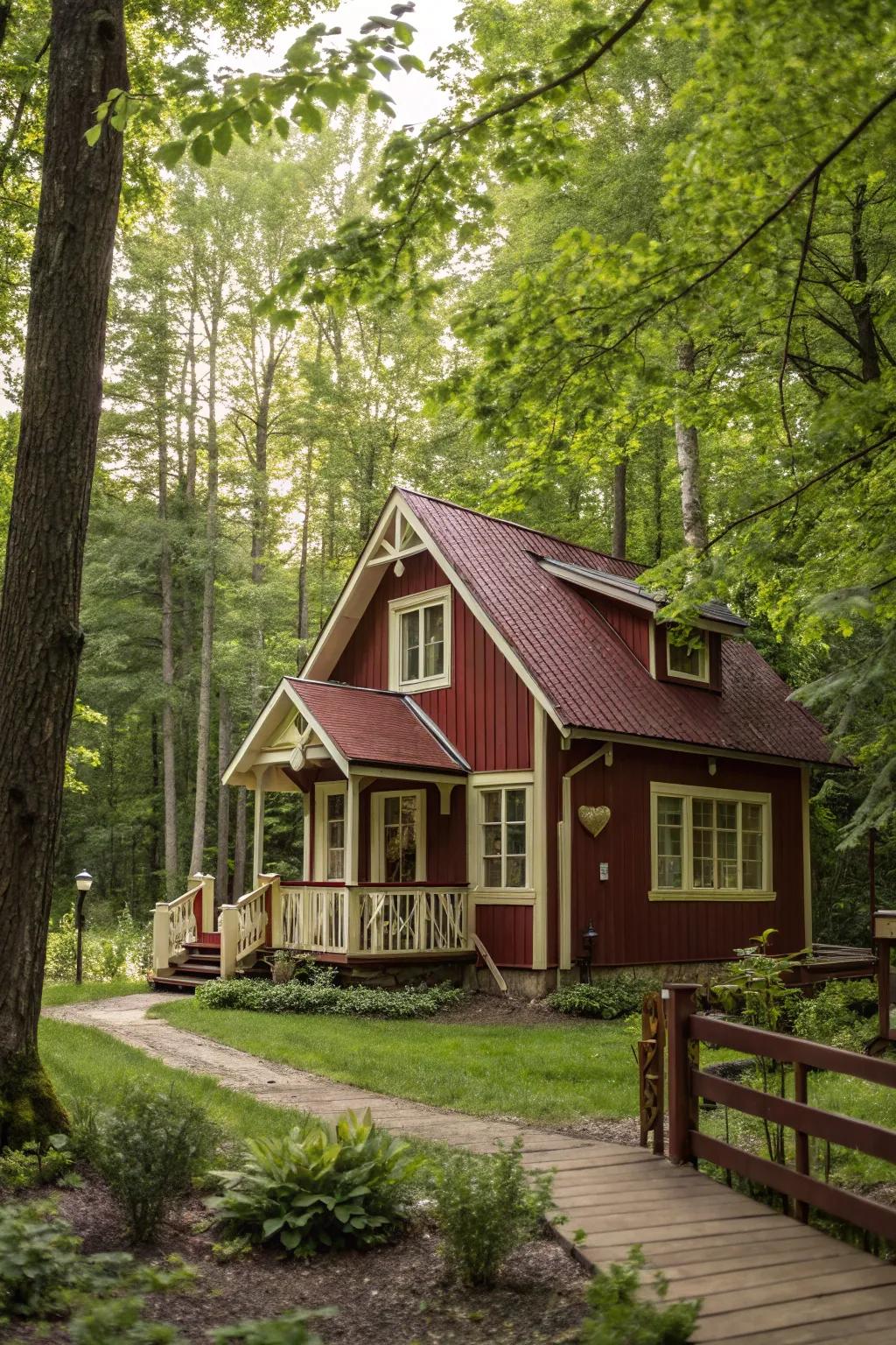 Wine and cream tones evoke a warm, welcoming cottage ambiance.