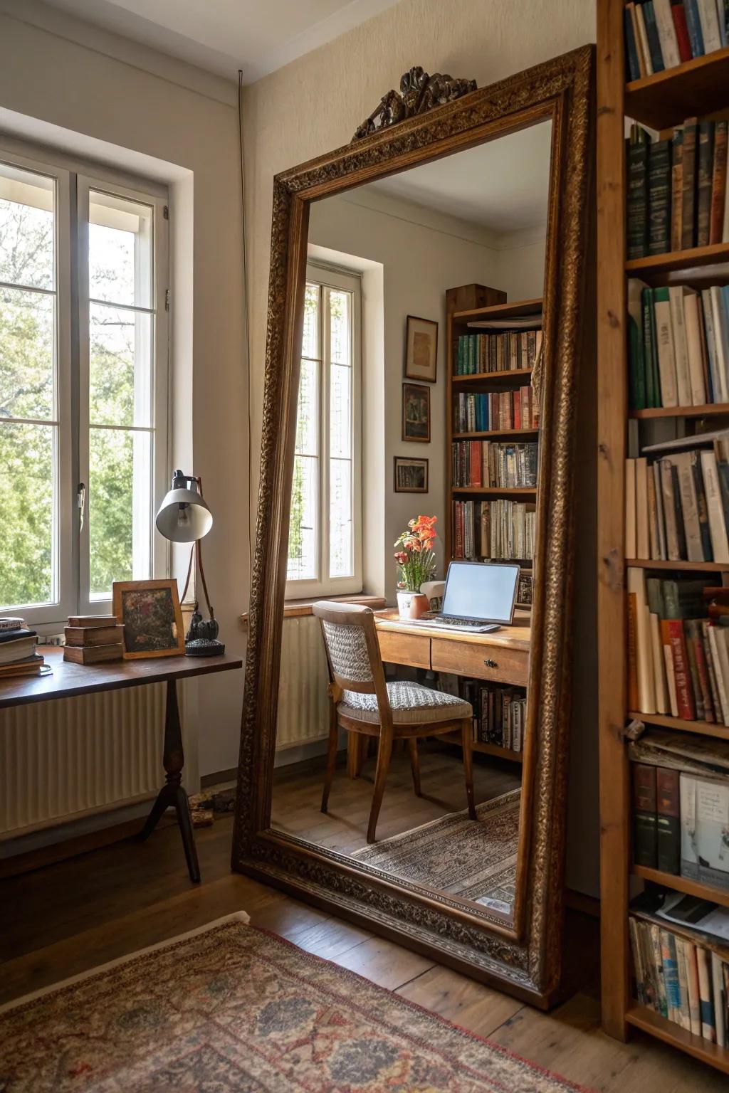 A study room amplified through the smart placement of mirrors.